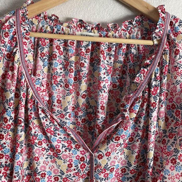 Max Studio Womens Plus 3X Floral Ruffle V Neck Tunic Top Short Sleeve Blouse - Picture 7 of 9